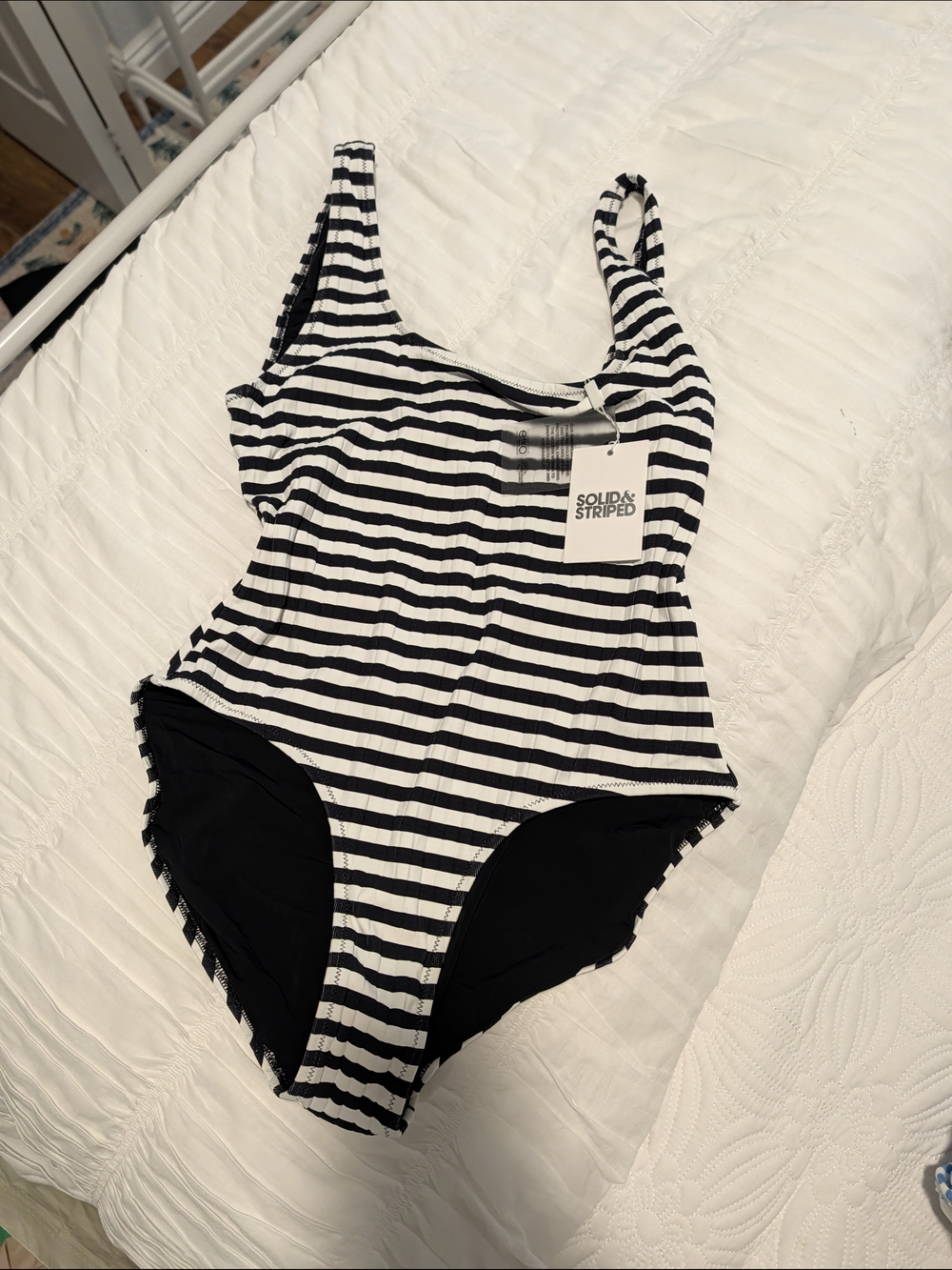 SOLID & STRIPED Black and White Striped Scoop One-Piece Swimsuit